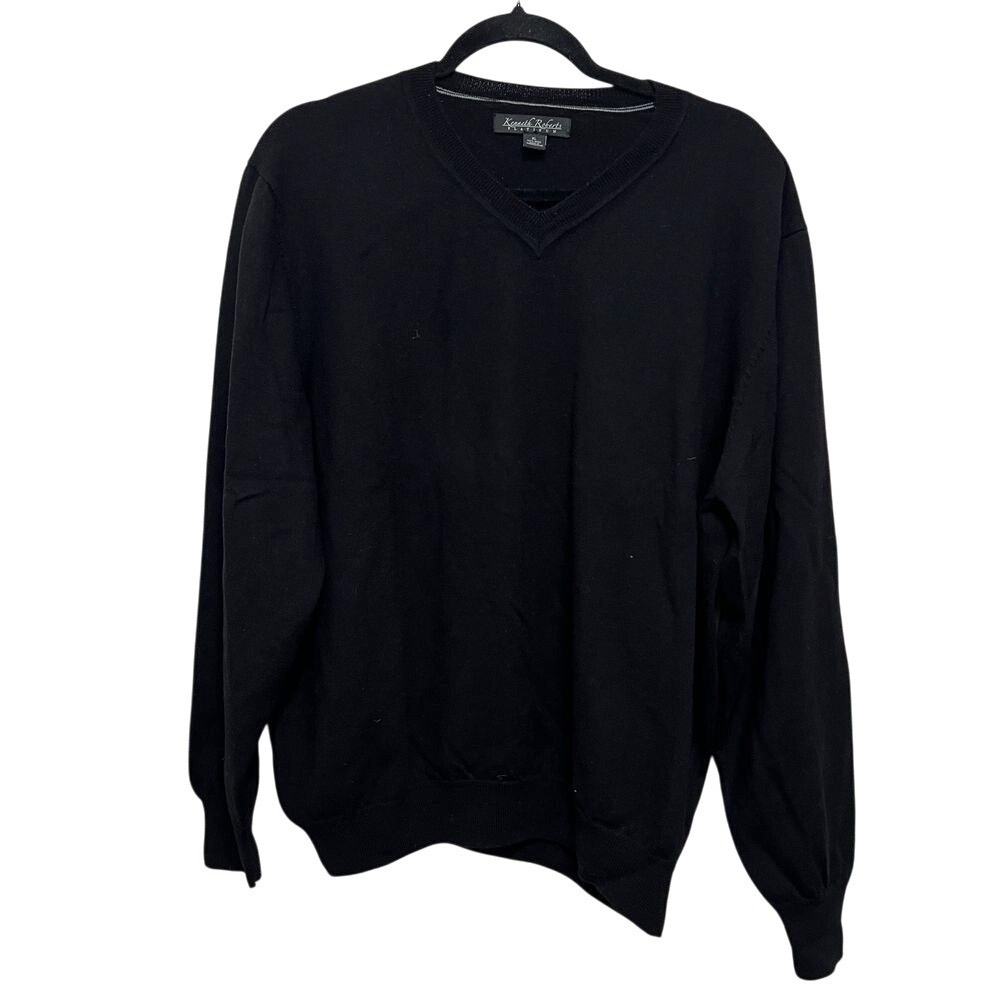 Keneth Roberts Black Wool V-Neck Sweater Long Sleeve Pullover Knit Top Size XL